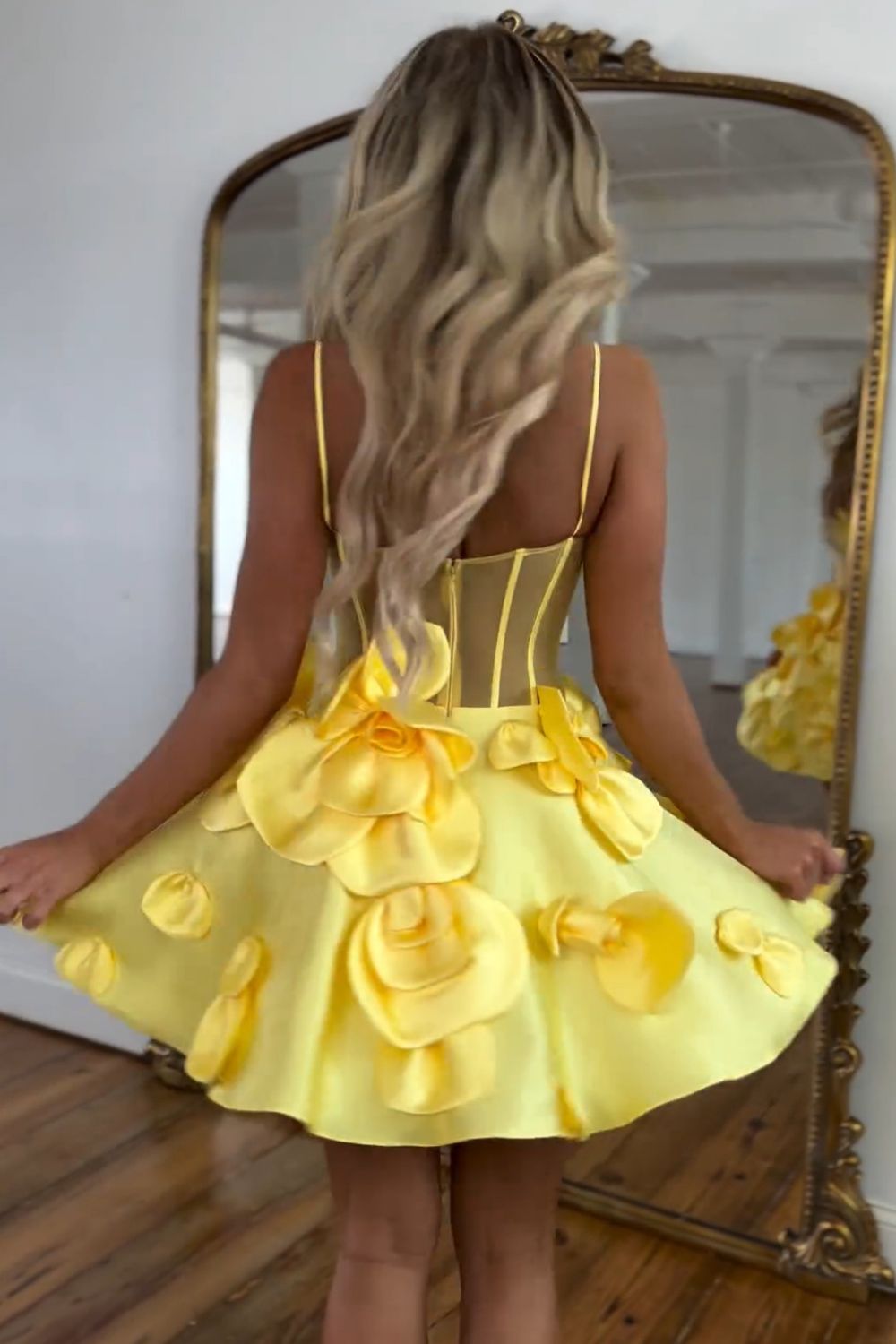 Cute A-Line Spaghetti Strap Short Satin Homecoming Dress with Floral Embellishments
