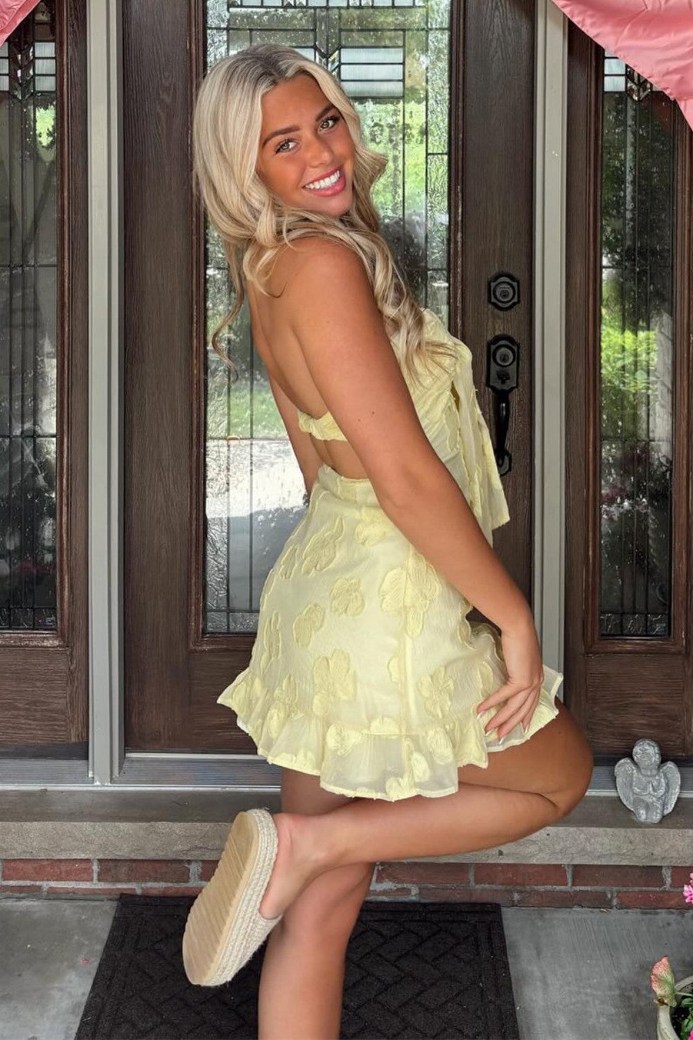 Cute Yellow Sweetheart A-Line Homecoming Dress with Sheer Floral Overlay