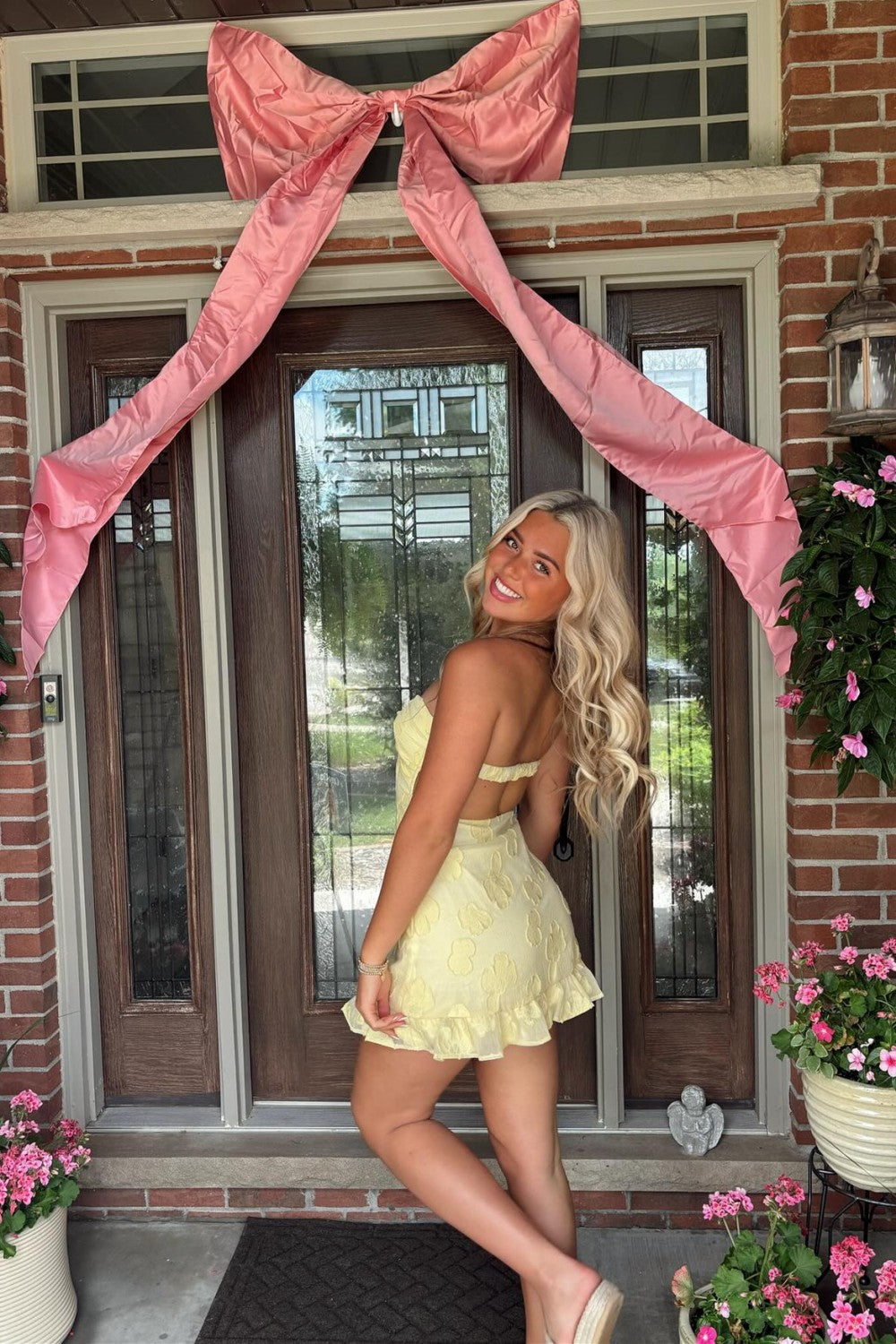 Cute Yellow Sweetheart A-Line Homecoming Dress with Sheer Floral Overlay