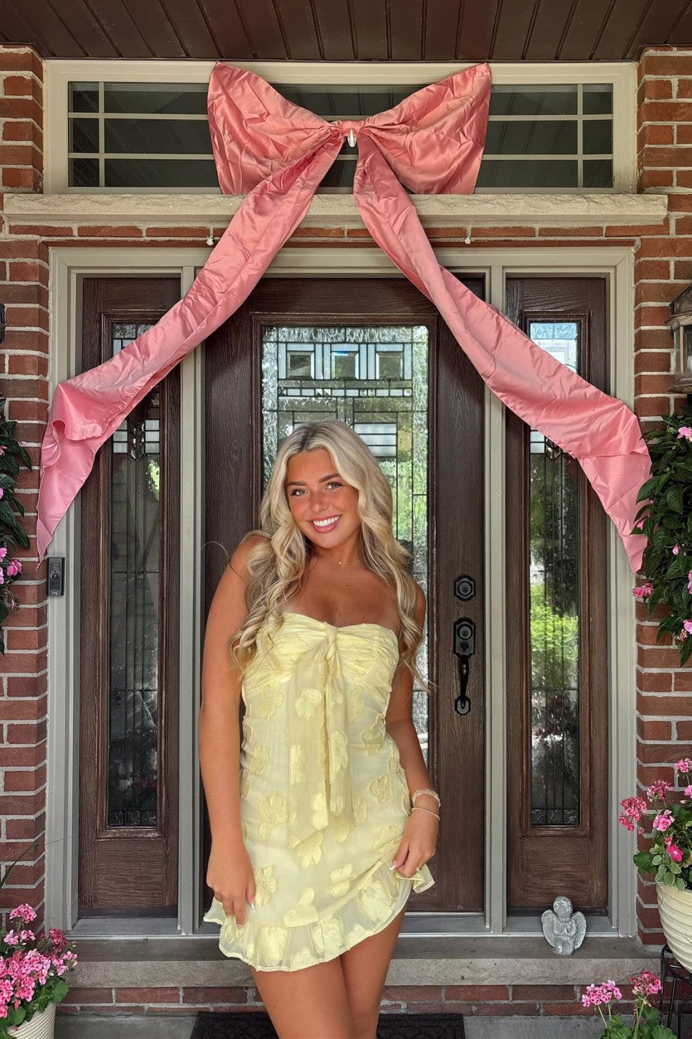 Cute Yellow Sweetheart A-Line Homecoming Dress with Sheer Floral Overlay