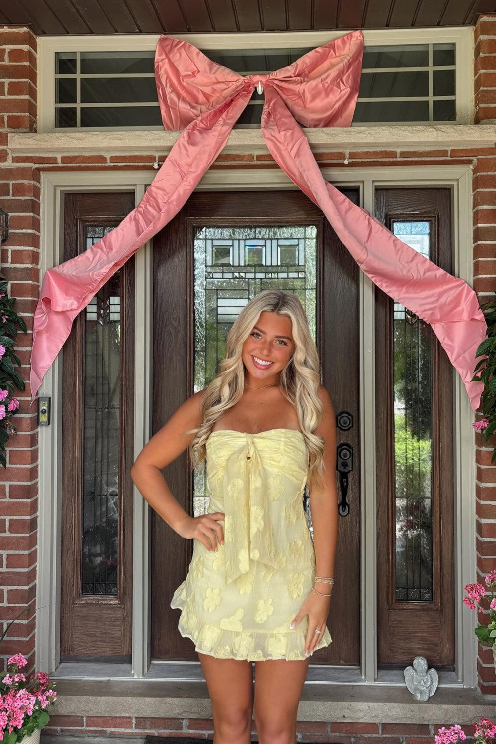 Cute Yellow Sweetheart A-Line Homecoming Dress with Sheer Floral Overlay