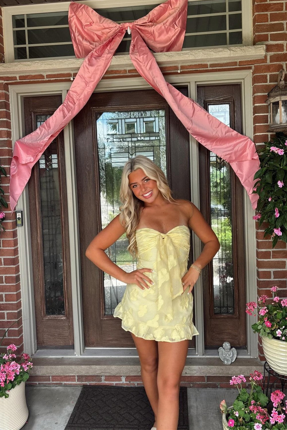 Cute Yellow Sweetheart A-Line Homecoming Dress with Sheer Floral Overlay
