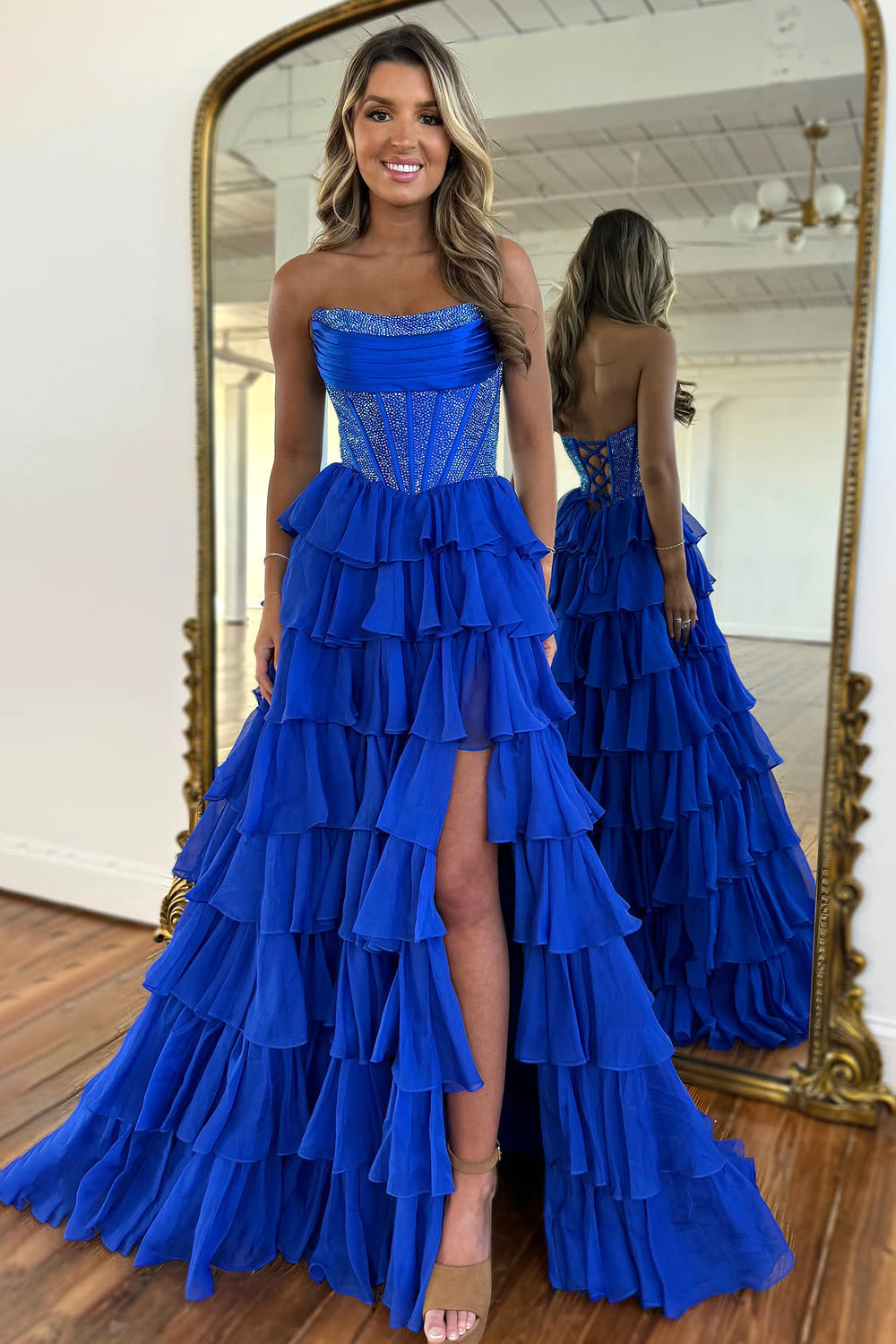 Dark Blue Strapless A Line Prom Dress with Sparkly Layered Chiffon and Side Slit