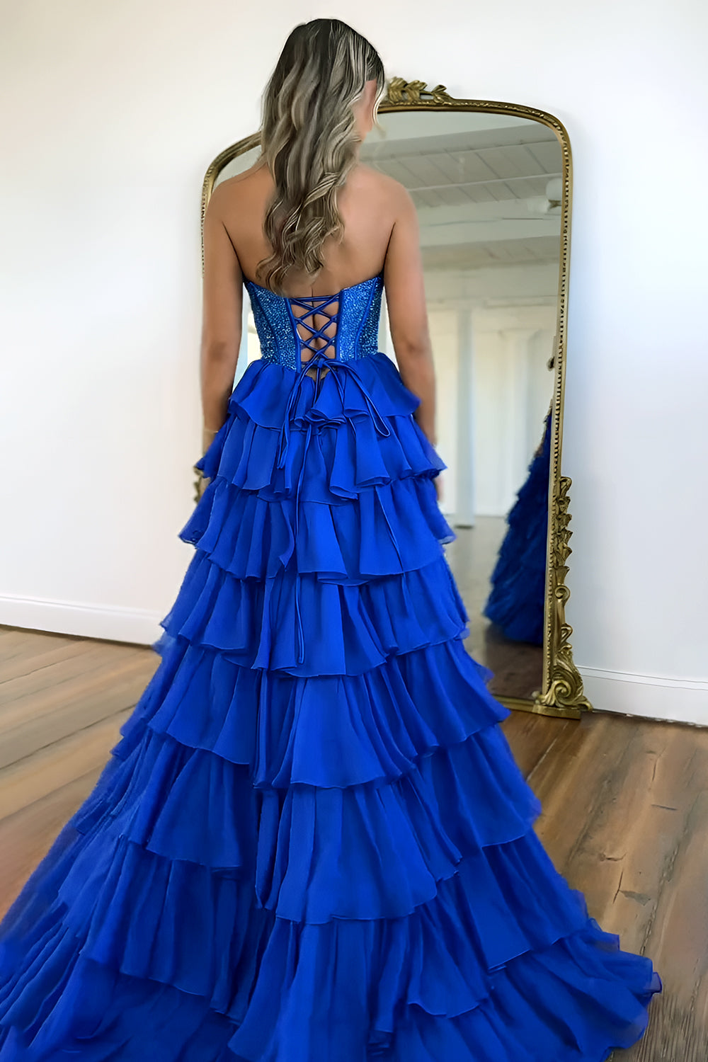 Dark Blue Strapless A Line Prom Dress with Sparkly Layered Chiffon and Side Slit