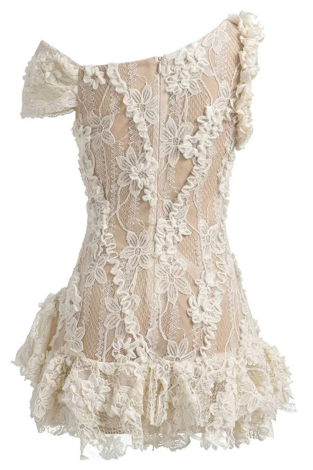 Designer-Inspired White Lace Mini Homecoming Dress with Floral Appliques