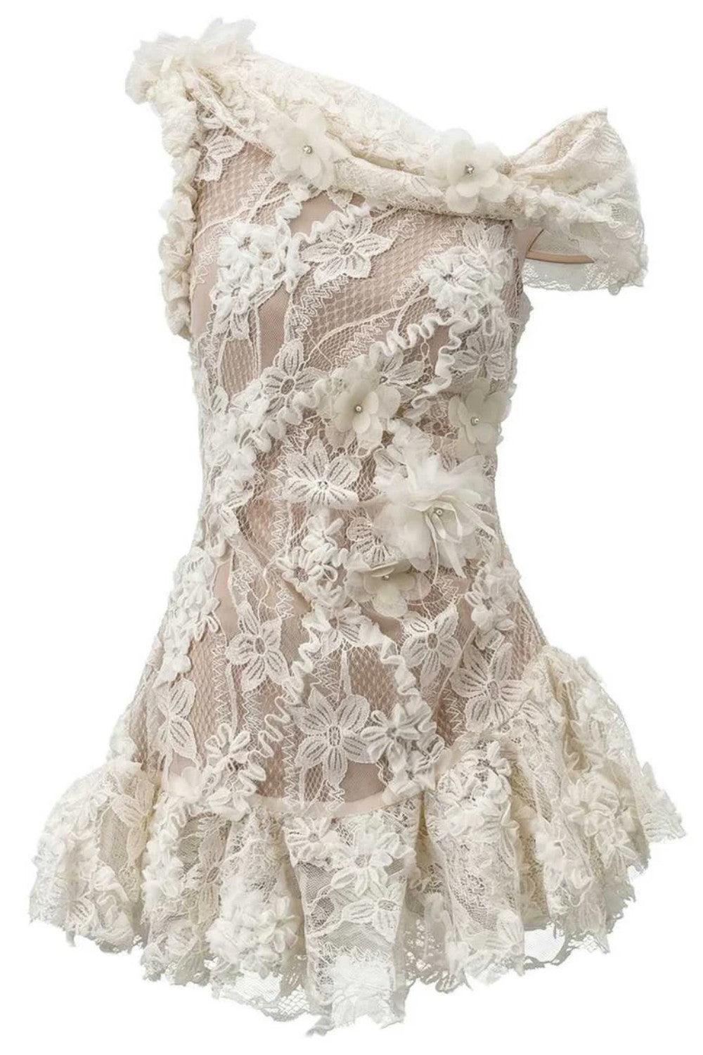 Designer-Inspired White Lace Mini Homecoming Dress with Floral Appliques