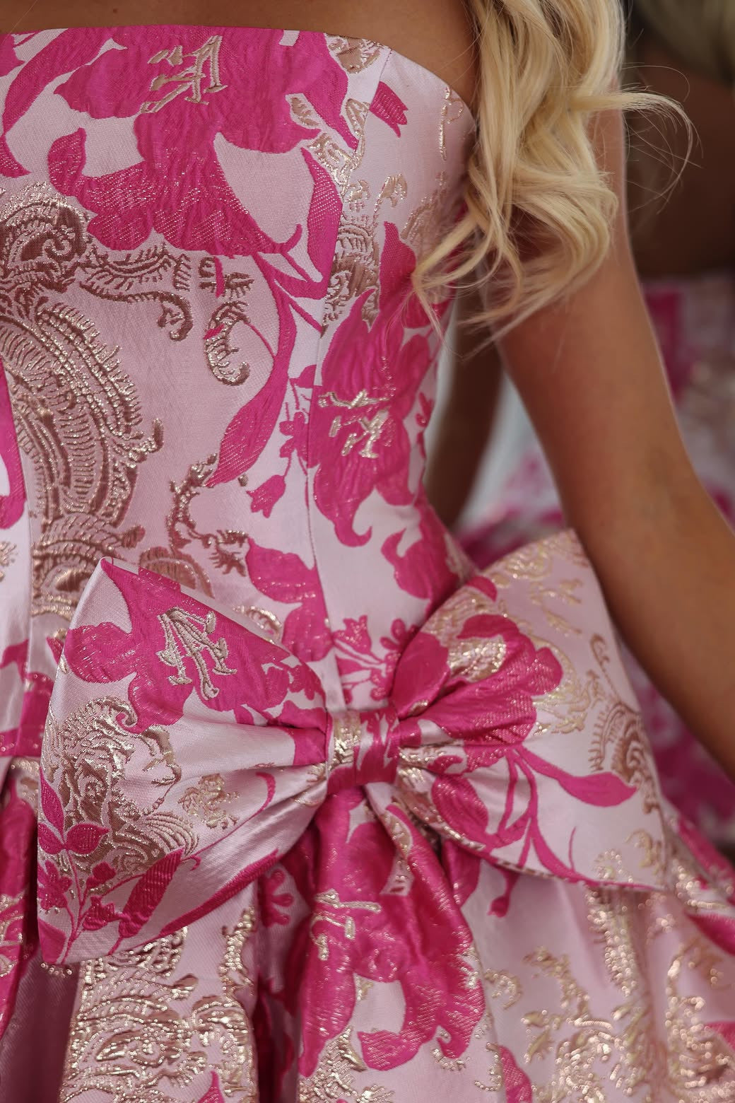 Dreamy A-Line Floral Jacquard Strapless Homecoming Dress with Oversized Bow
