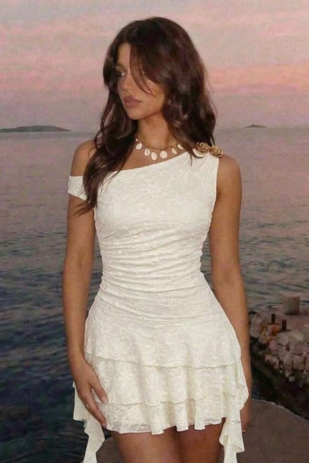 Dreamy Ivory Lace Homecoming Dress with Soft Layered Ruffles