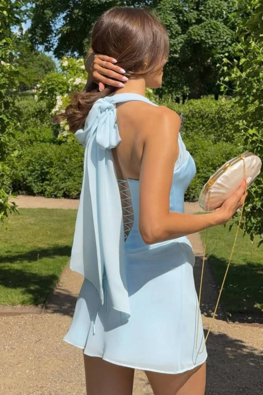 Dreamy Light Blue Halter Mini Homecoming Dress with Lace Up Back