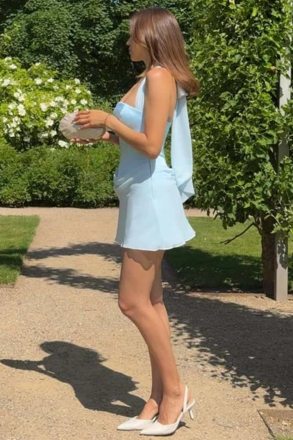 Dreamy Light Blue Halter Mini Homecoming Dress with Lace Up Back