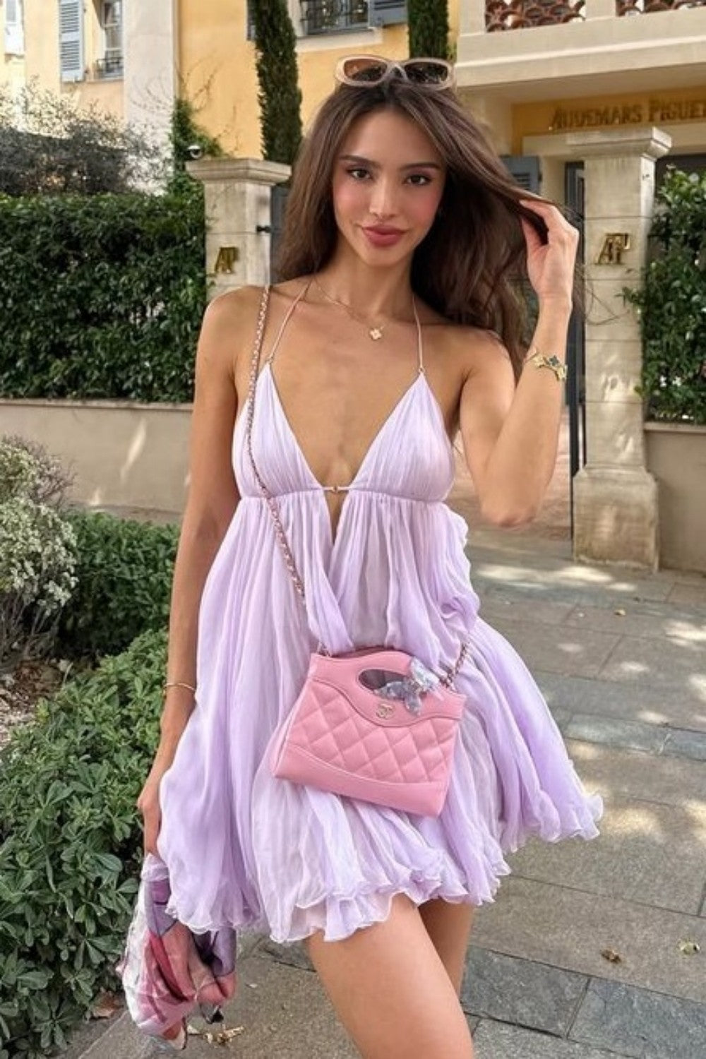 Dreamy Lilac Chiffon Mini Homecoming Dress with Deep V-Neck and Flowy Skirt