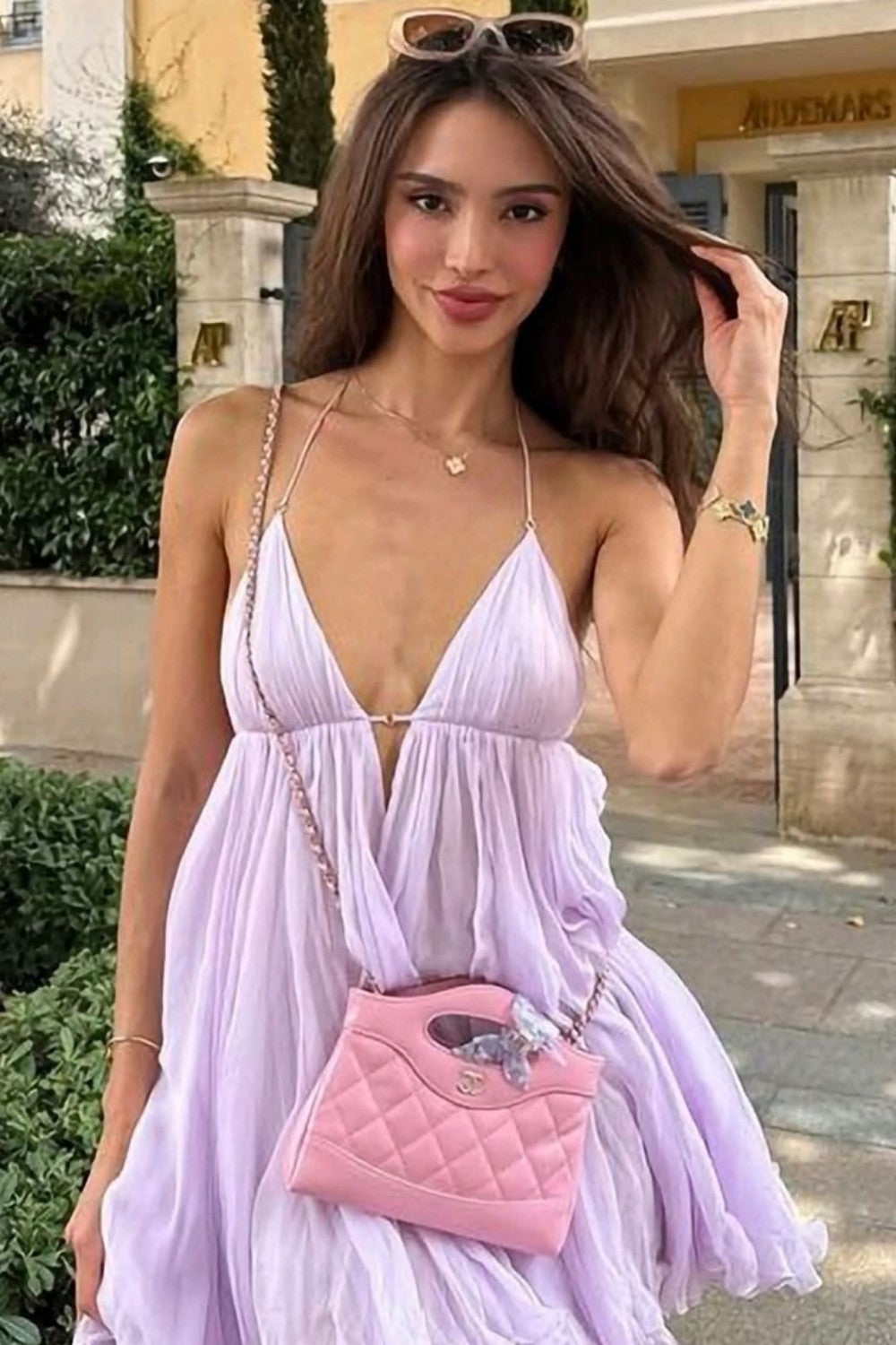 Dreamy Lilac Chiffon Mini Homecoming Dress with Deep V-Neck and Flowy Skirt