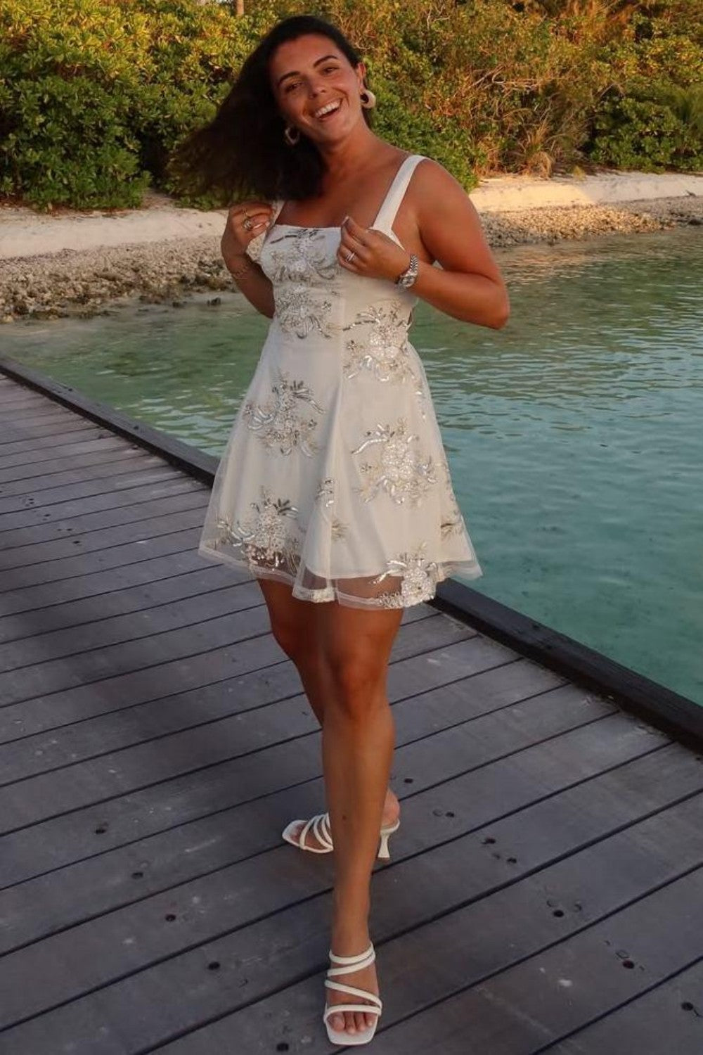 Dreamy White A-Line Homecoming Dress with Sparkling Floral Appliqués