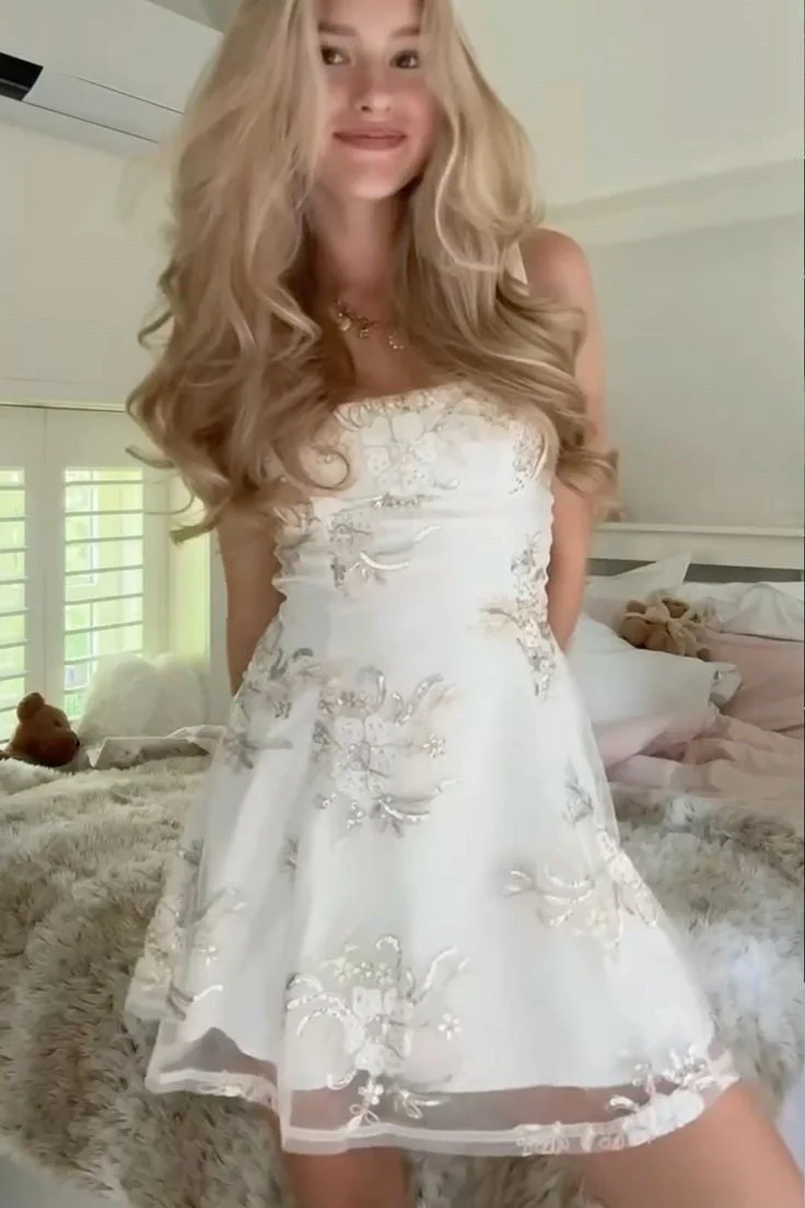 Dreamy White A-Line Homecoming Dress with Sparkling Floral Appliqués