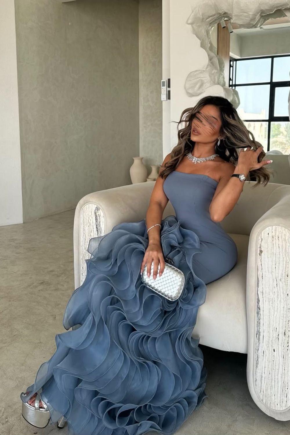 Elegant Mermaid Strapless Dusty Blue Long Tulle Prom Dress with Ruffle