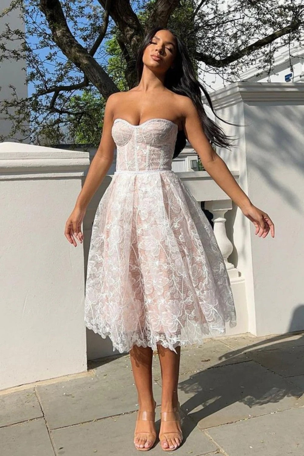Elegant A-Line Strapless Lace Corset Homecoming Dress with Flowing Skirt