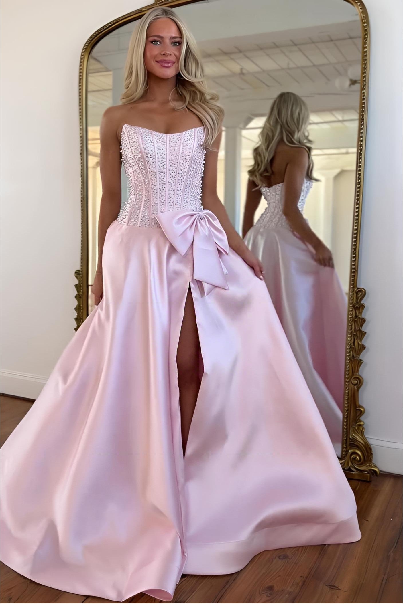 Elegant Black Satin Strapless Beaded Corset A-Line Prom Dress with Bow