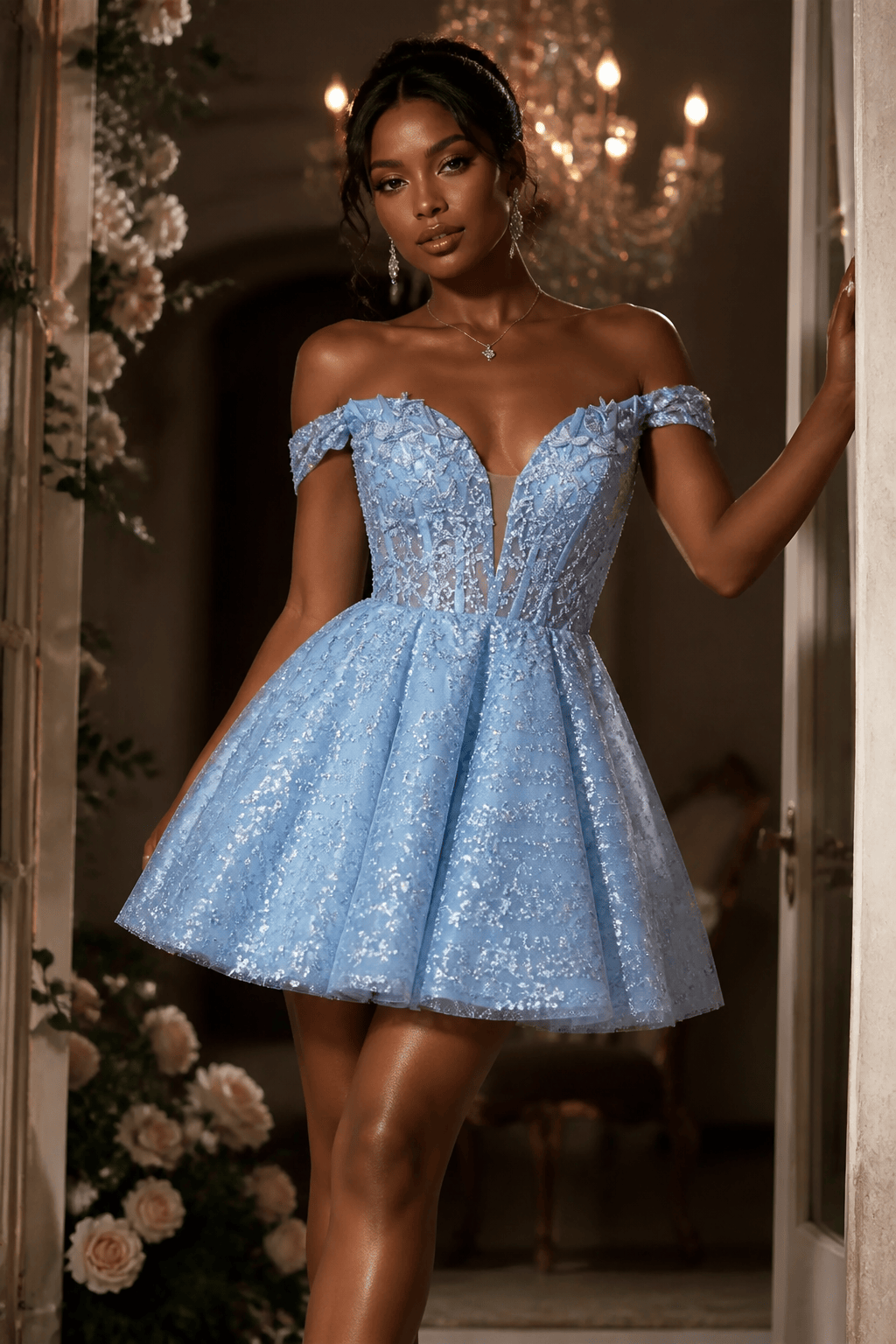 Elegant Light Blue Off Shoulder Lace Homecoming Dress with Glitter Tulle Skirt