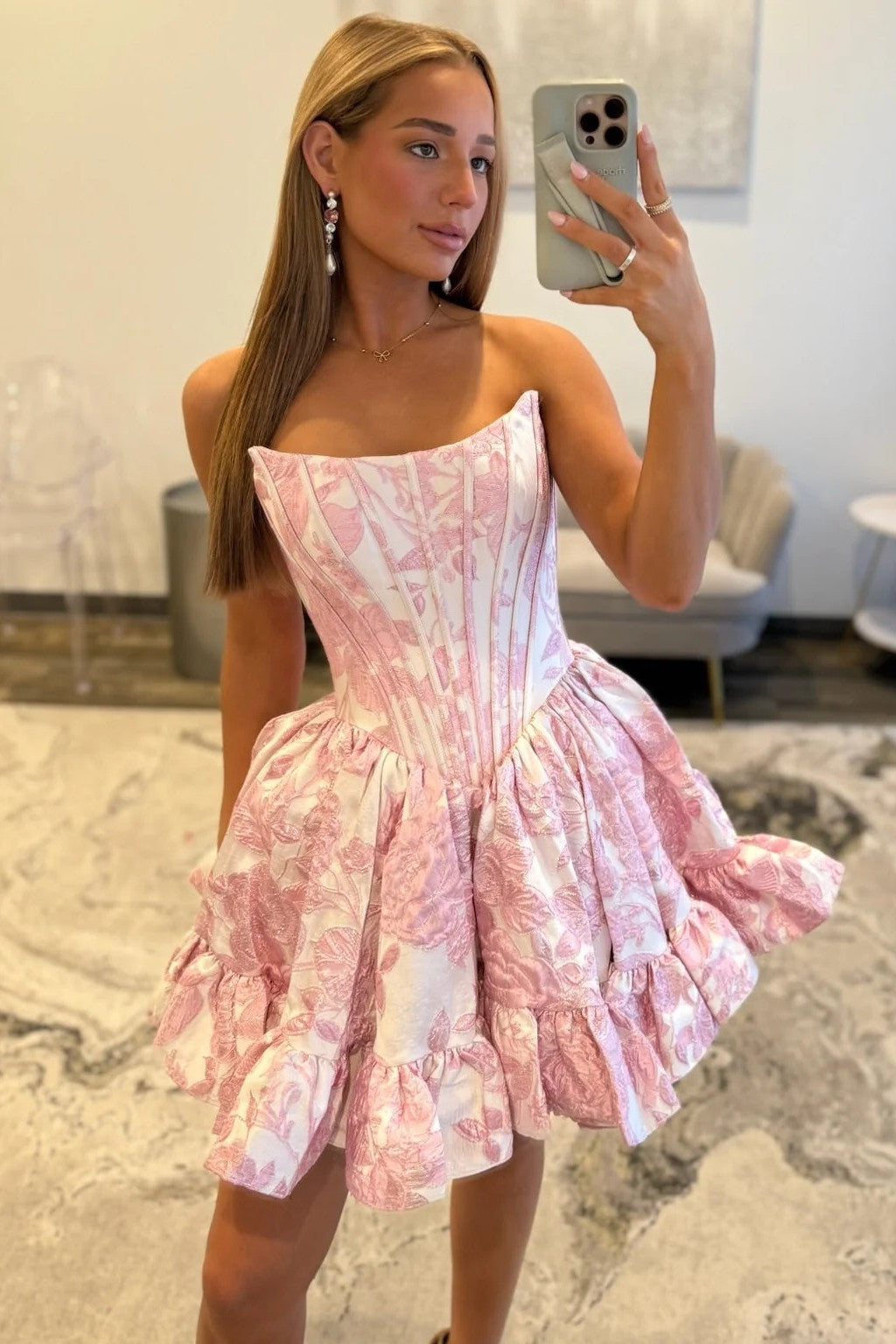 Navy Blue Off-the-Shoulder Floral Jacquard Homecoming Dress with Ruffle Hem