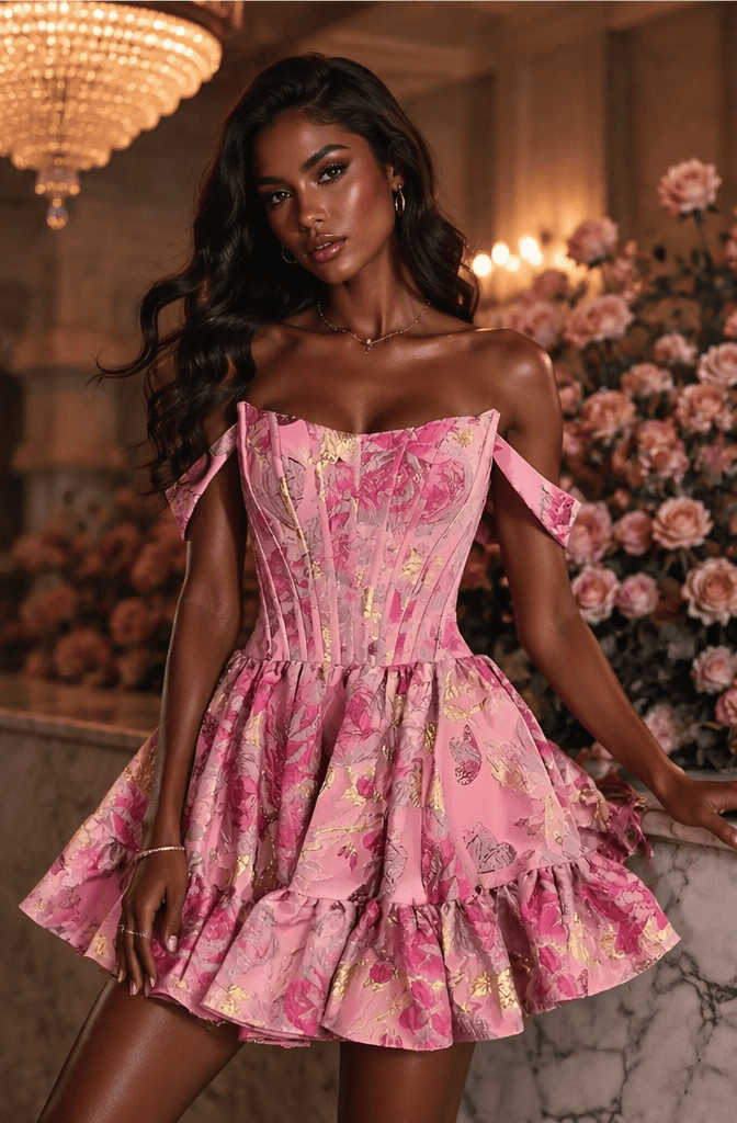 Elegant Off-Shoulder Pink Floral Brocade Homecoming Dress with Ruffled Skirt