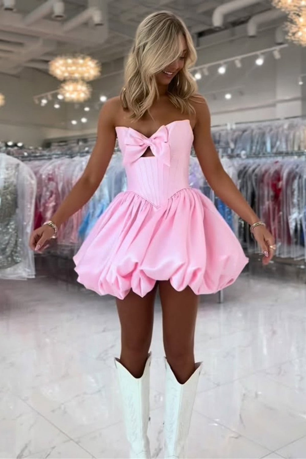 Elegant Yellow Corset Satin Mini Homecoming Dress with Bow Front Accent