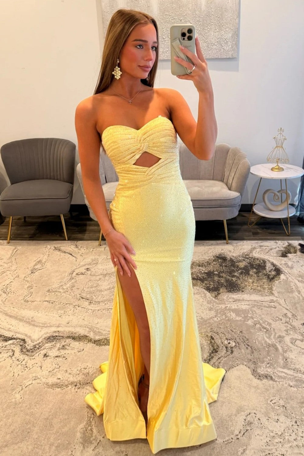 Elegant Yellow Strapless Long Beaded Evening Dress with Front Cutout and Slit
