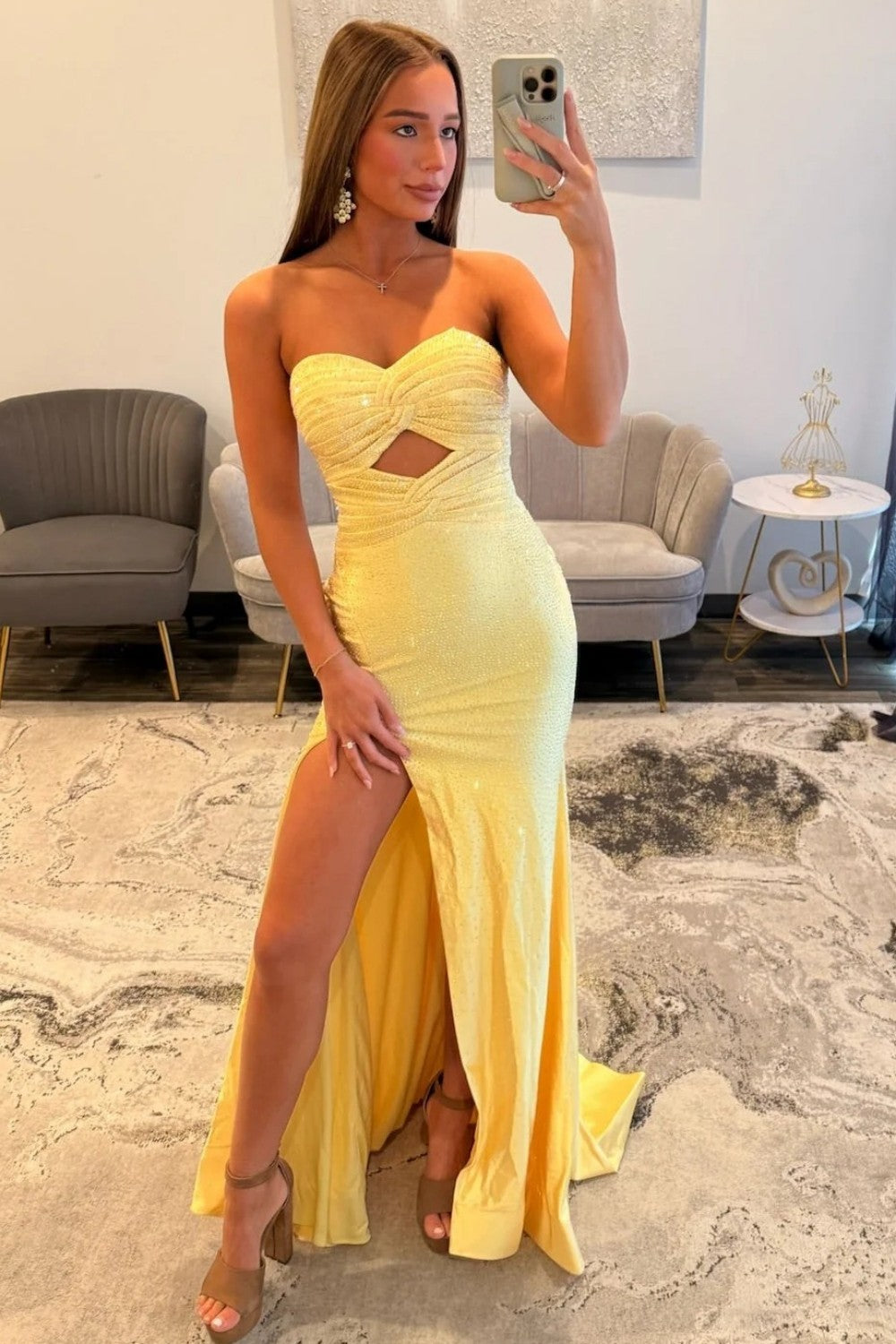 Elegant Yellow Strapless Long Beaded Evening Dress with Front Cutout and Slit
