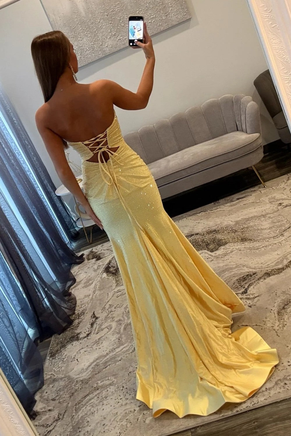 Elegant Yellow Strapless Long Beaded Evening Dress with Front Cutout and Slit