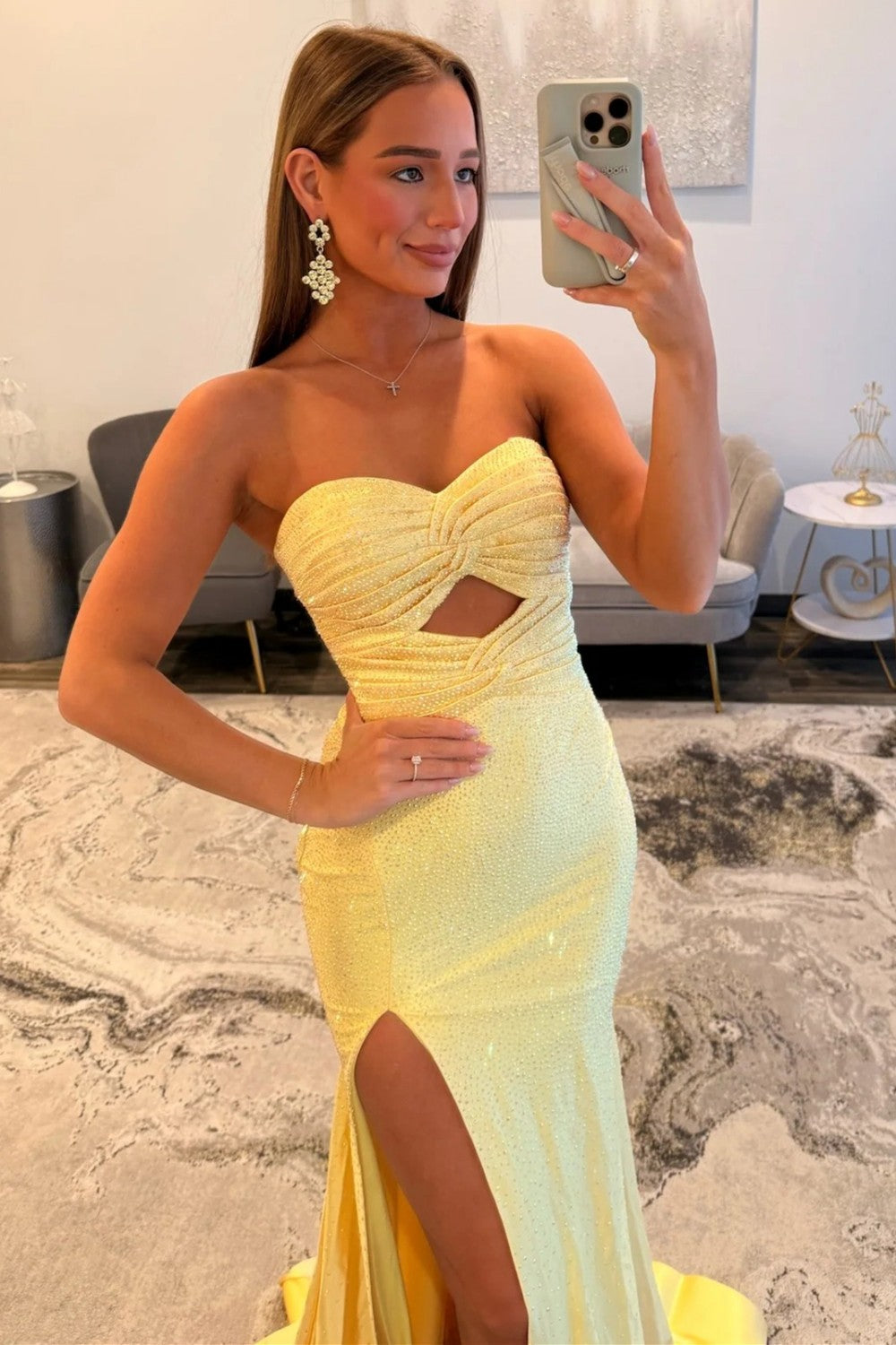 Elegant Yellow Strapless Long Beaded Evening Dress with Front Cutout and Slit