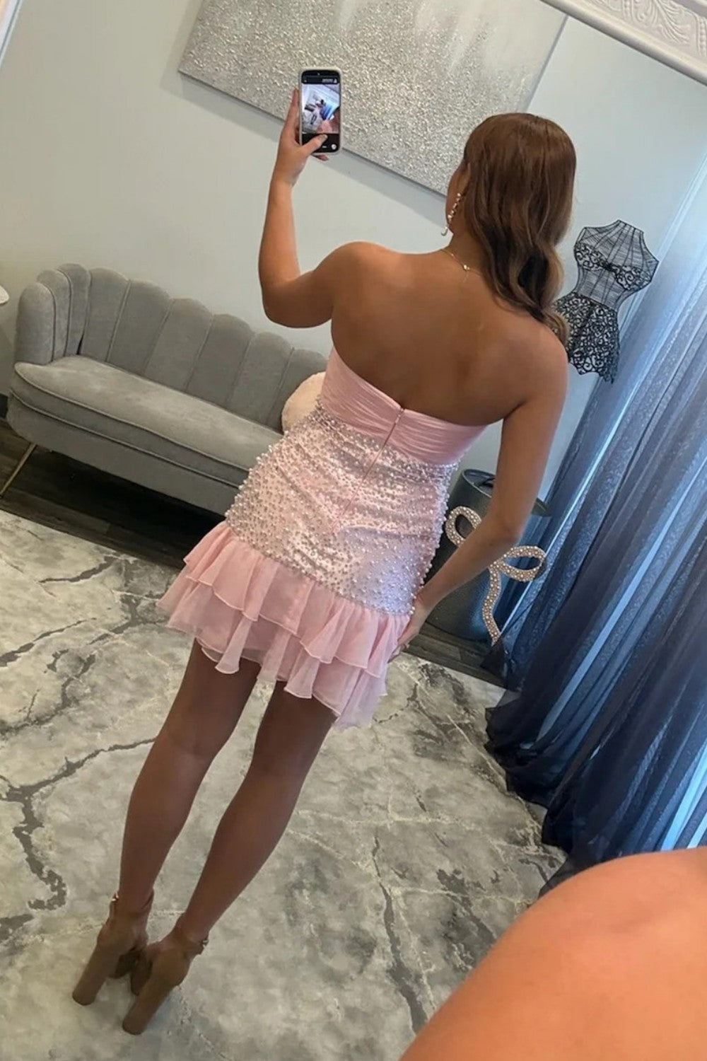 Elegant Yellow Strapless Pearl Embellished Bow Homecoming Mini Dress