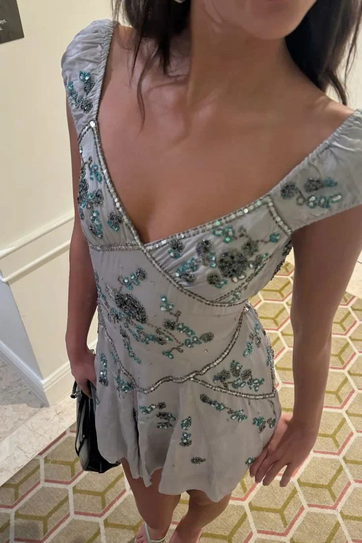 Elegant A Line V Neck Grey Short Homecoming Dress with Embroidery
