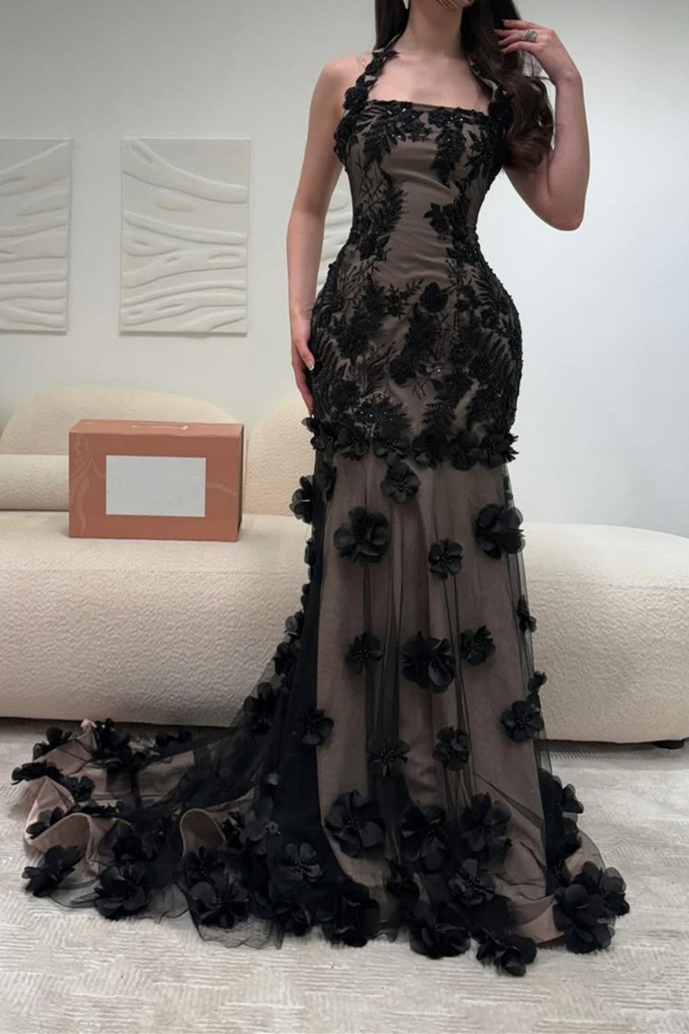 Elegant Black Illusion Floral Halter Mermaid Prom Dress with 3D Appliques