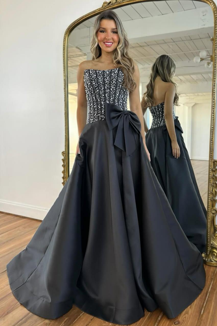 Elegant Black Satin Strapless Beaded Corset A-Line Prom Dress with Bow