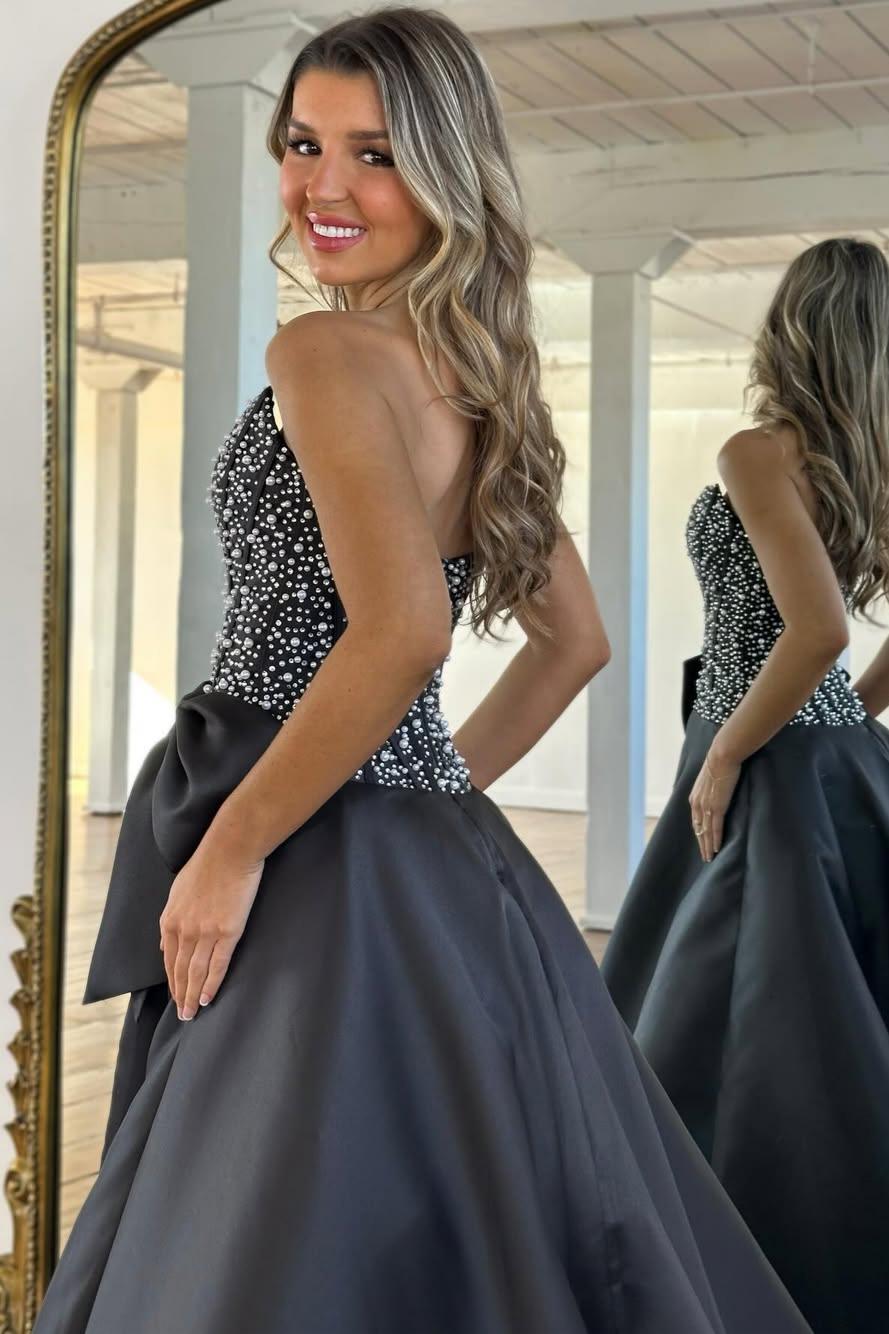Elegant Black Satin Strapless Beaded Corset A-Line Prom Dress with Bow