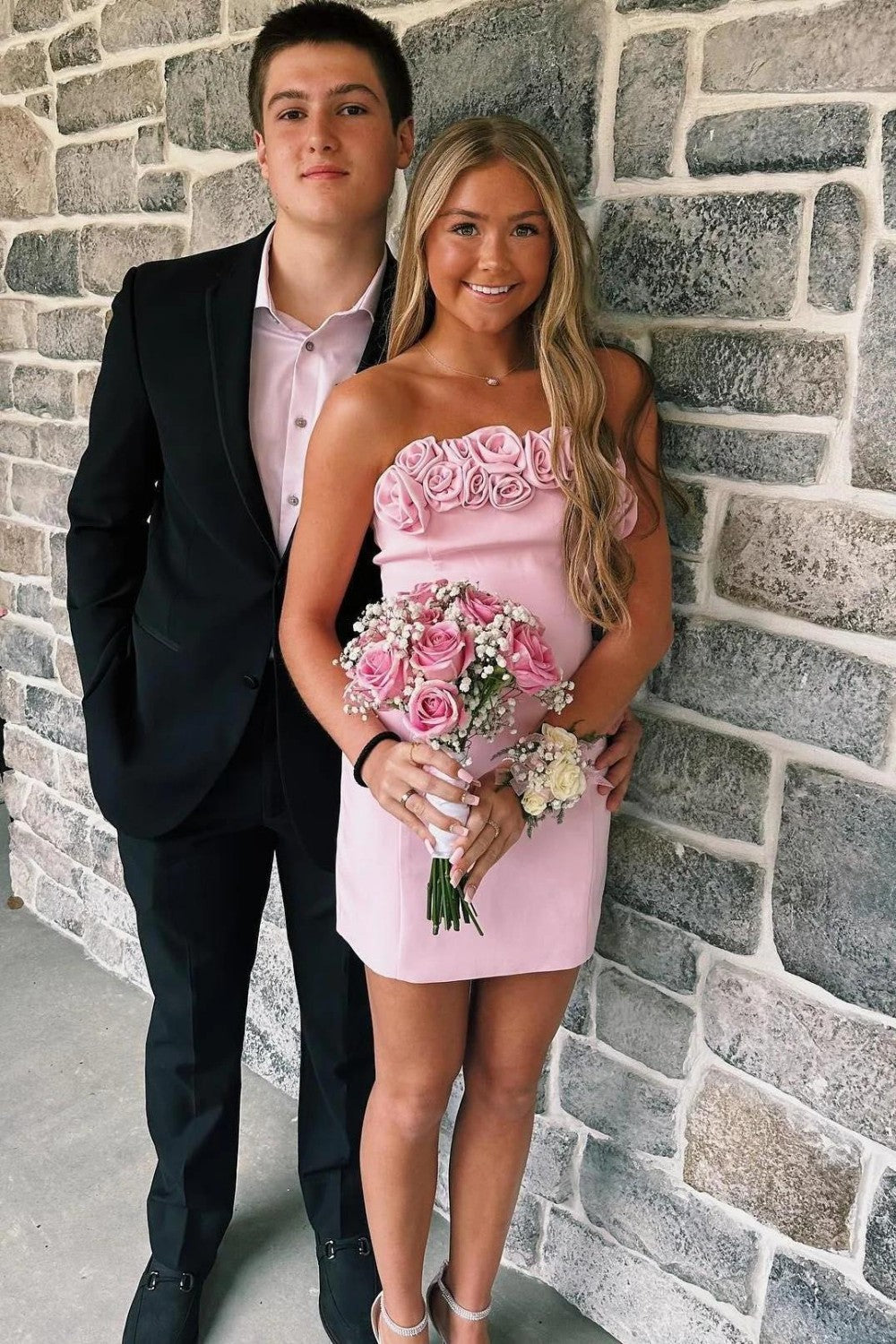 Elegant Bodycon Strapless Homecoming Dress with 3D Rose Floral Embellished