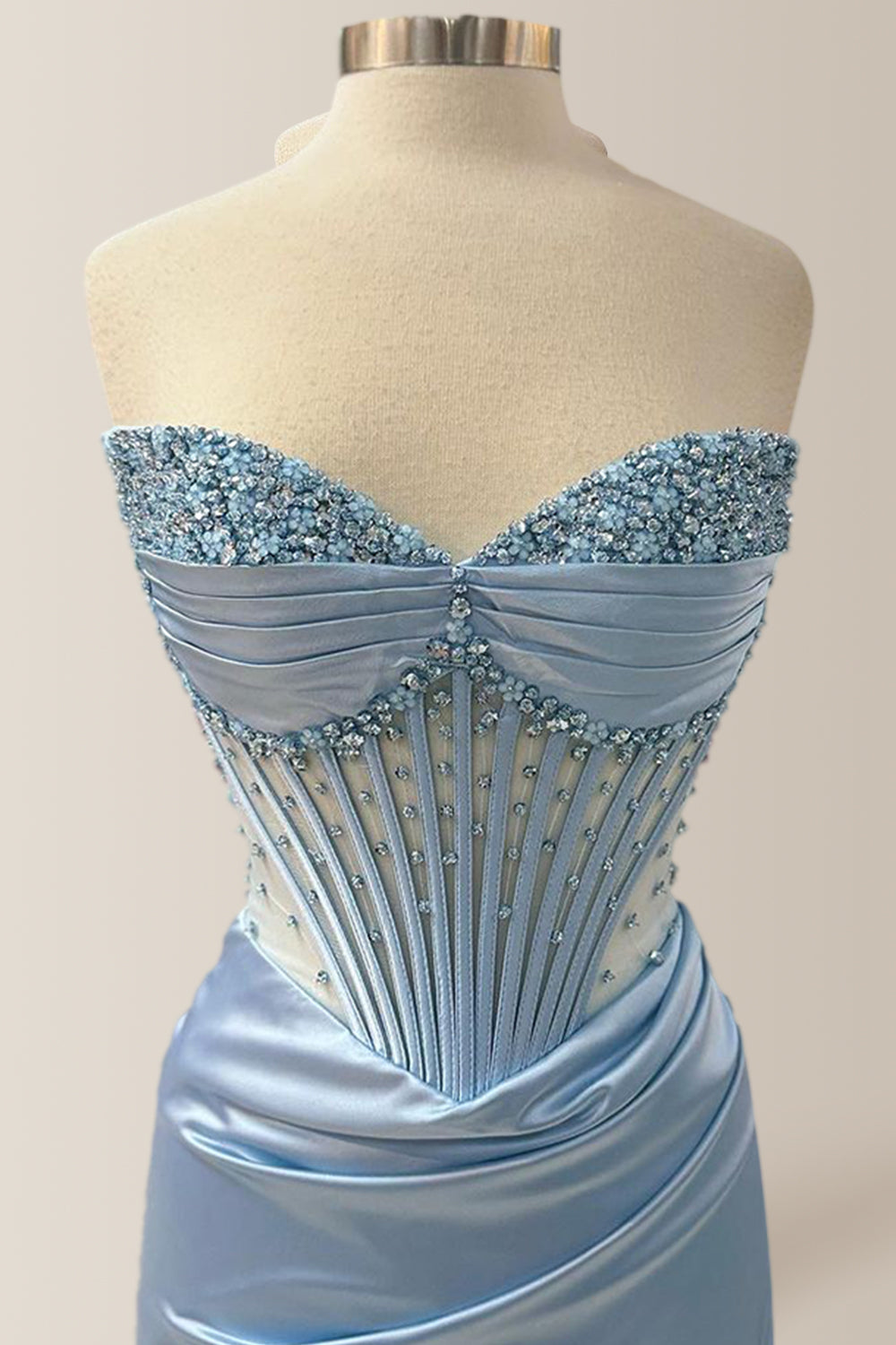 Elegant Dusty Blue Strapless Long Mermaid Satin Prom Dress With Beading