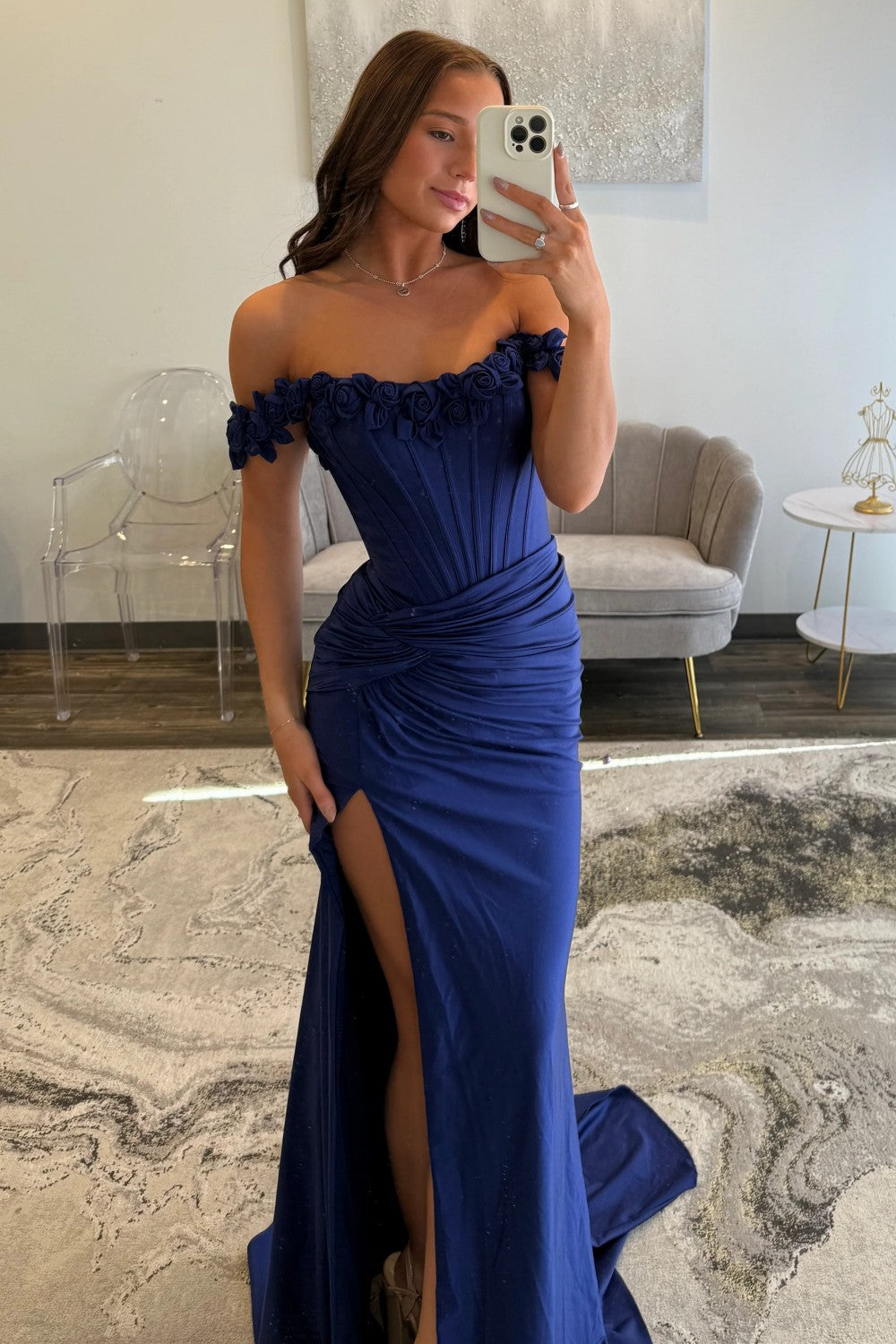 Elegant Light Blue 3D Roses Off Shoulder Ruched Satin Prom Dress with Slit