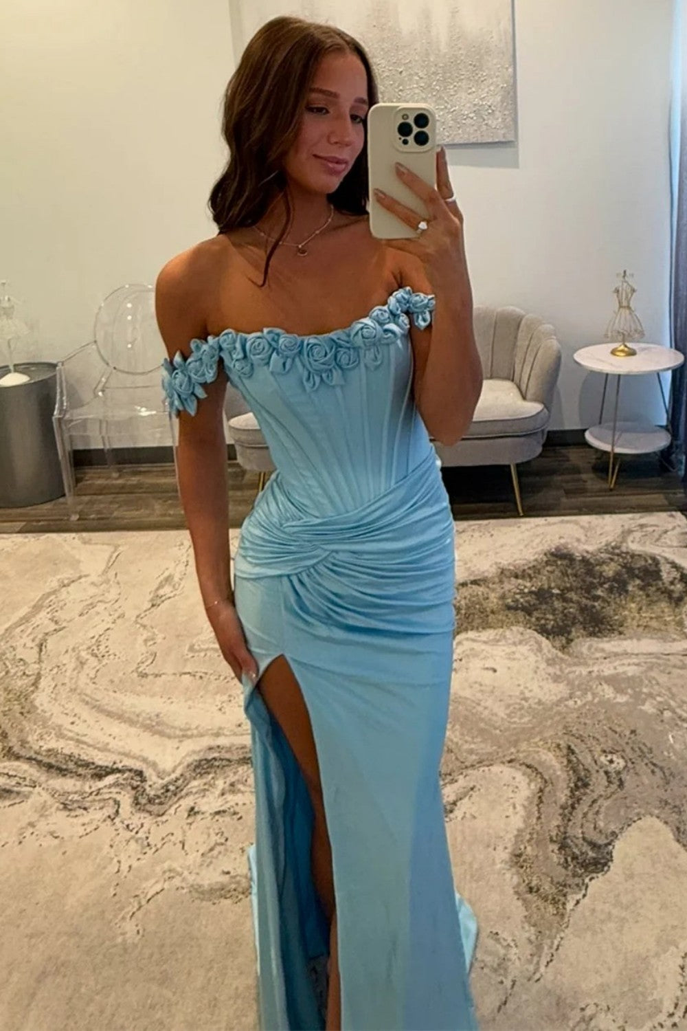 Elegant Light Blue 3D Roses Off Shoulder Ruched Satin Prom Dress with Slit