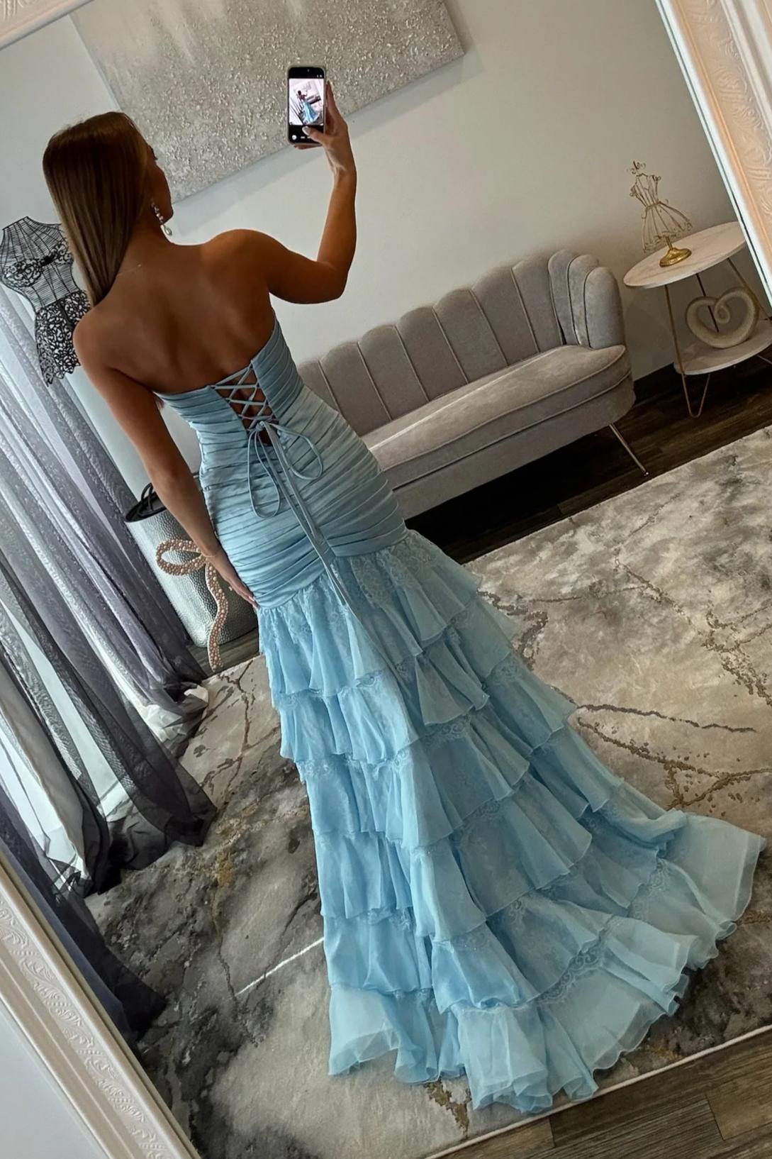 Elegant Light Blue Sweetheart Lace Up Mermaid Prom Gown with Ruffle Hem