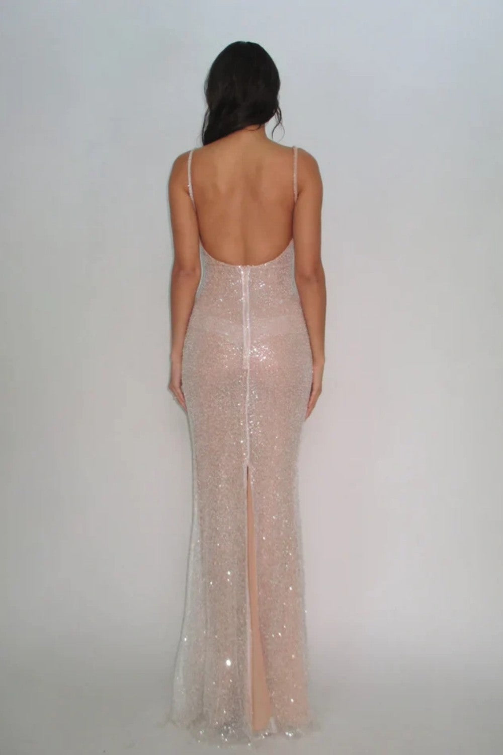 Elegant Light Champagne Sparkly Sequin Bodycon Spaghetti Strap Prom Gown