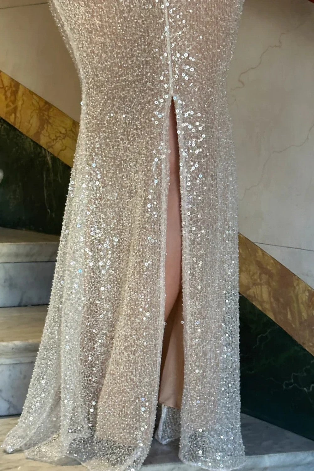 Elegant Light Champagne Sparkly Sequin Bodycon Spaghetti Strap Prom Gown