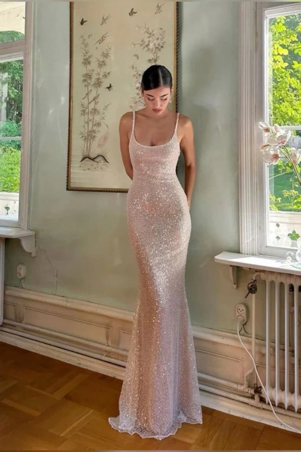 Elegant Light Champagne Sparkly Sequin Bodycon Spaghetti Strap Prom Gown