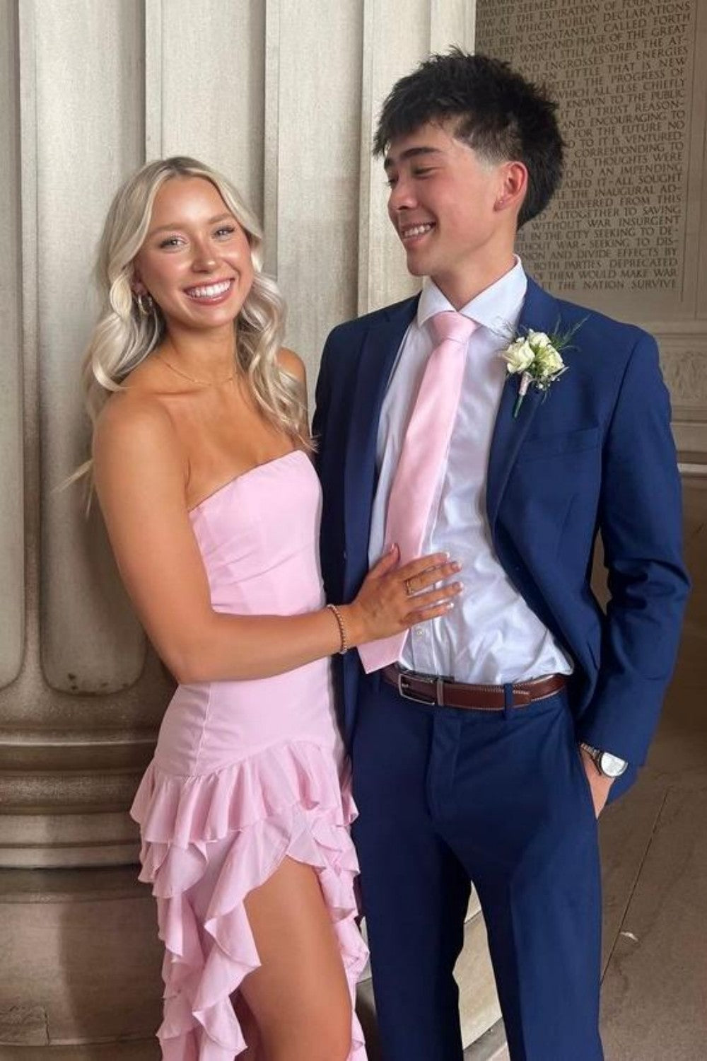 Elegant Light Pink Strapless Sheath Prom Dress with Cascading Ruffles
