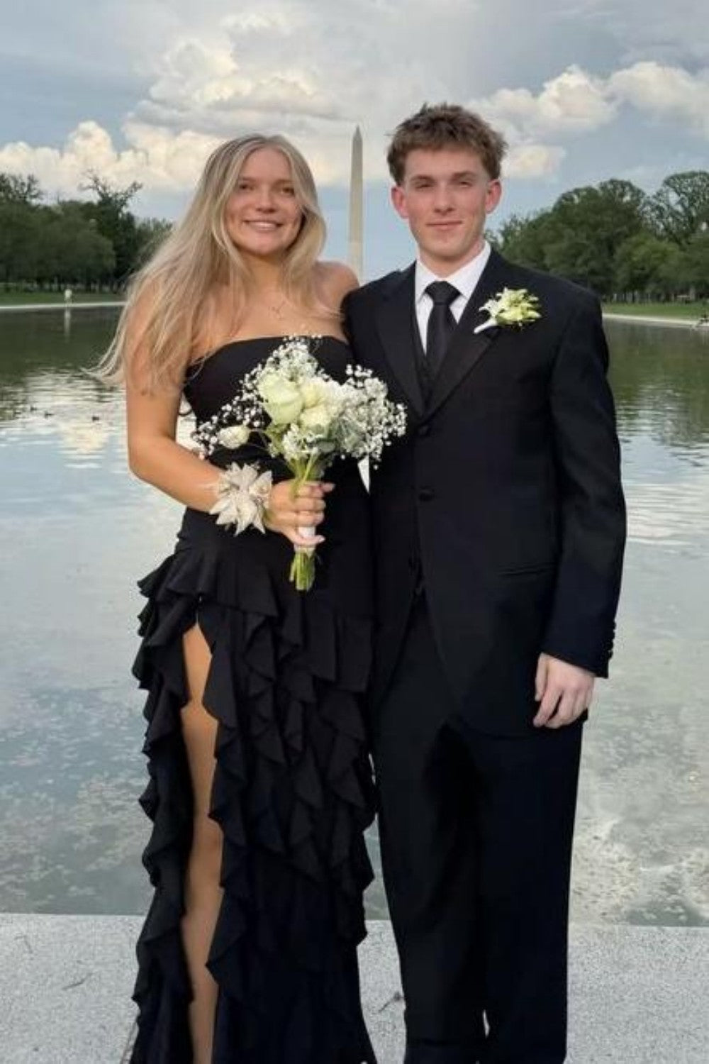 Elegant Light Pink Strapless Sheath Prom Dress with Cascading Ruffles