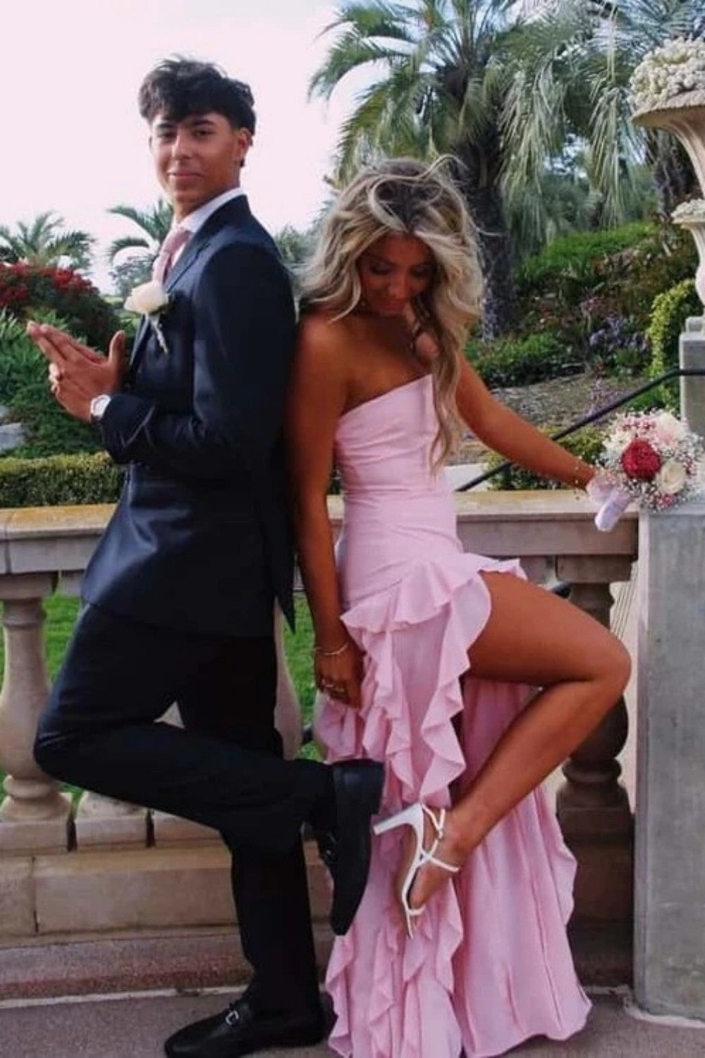 Elegant Light Pink Strapless Sheath Prom Dress with Cascading Ruffles