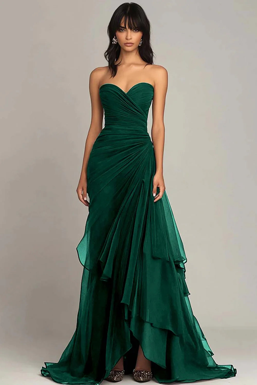 Elegant Mermaid Sweetheart Long Ruched Prom Dress with Layered Skirt