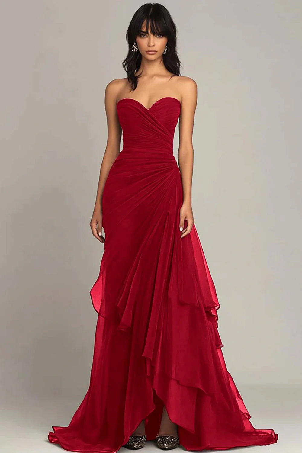 Elegant Mermaid Sweetheart Long Ruched Prom Dress with Layered Skirt