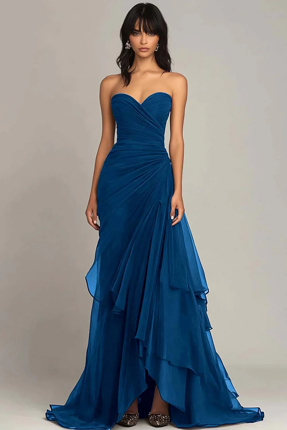Elegant Mermaid Sweetheart Long Ruched Prom Dress with Layered Skirt