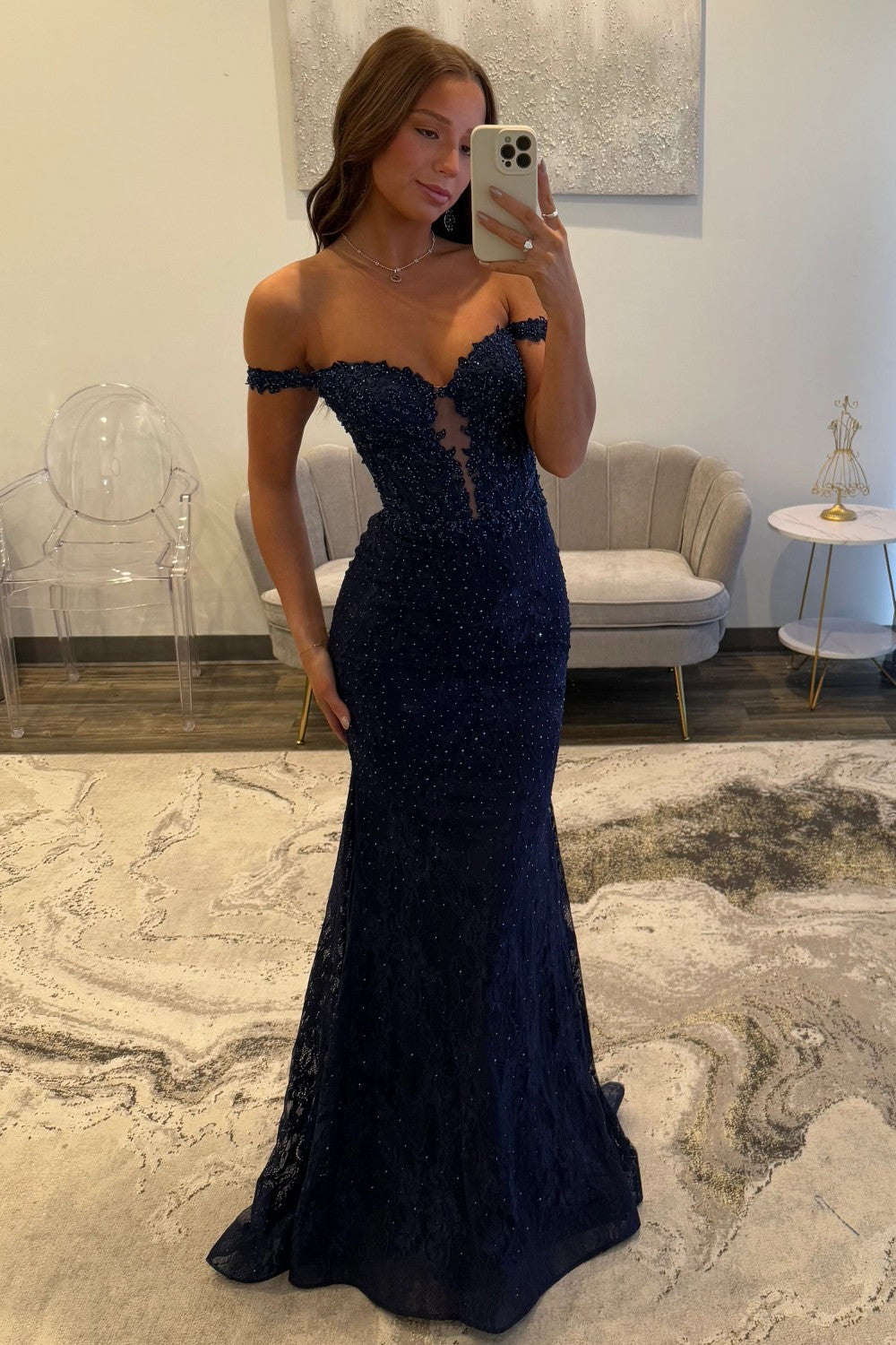 Elegant Navy Blue Mermaid Off-the-Shoulder Lace Prom Dress with Beading