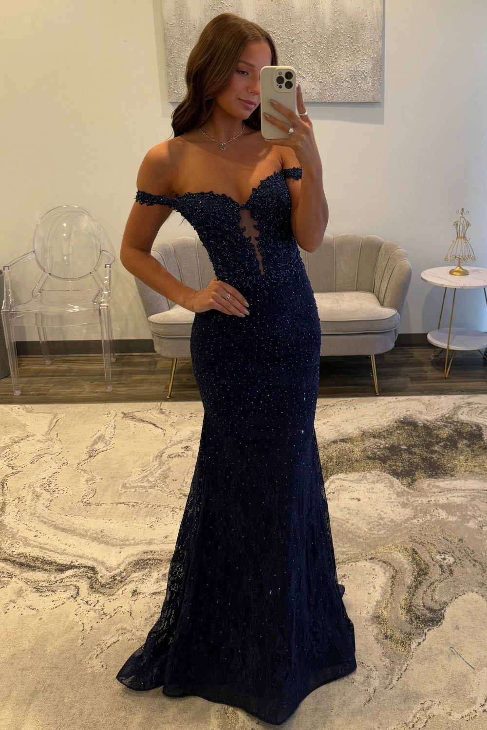Elegant Navy Blue Mermaid Off-the-Shoulder Lace Prom Dress with Beading